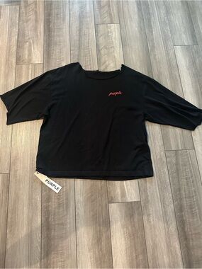 PURPLE Black Cropped Short-Sleeve Tee with Red Script Logo